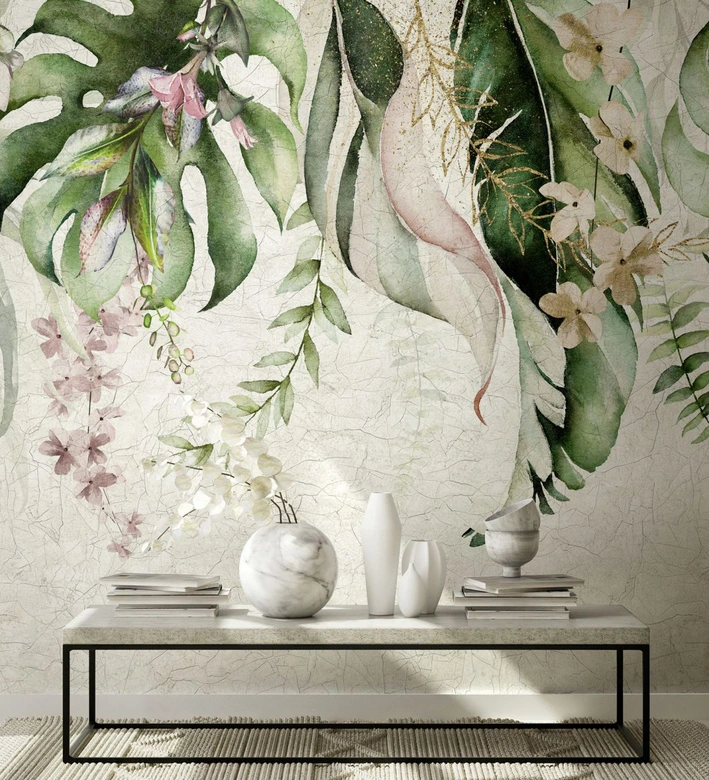 Aquarel jungle bladeren met delicate bloesems Fotobehang 3.4 x 2.65 m 