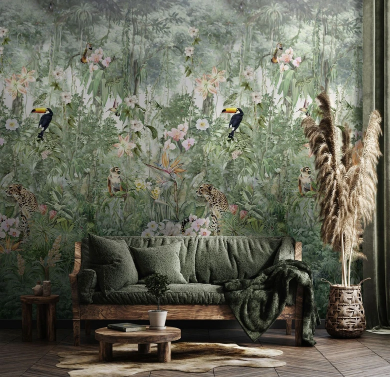 Fototapet med motiv djungeldröm med tukan, leopard och tropiska blommor 3,4 x 2,12 m 