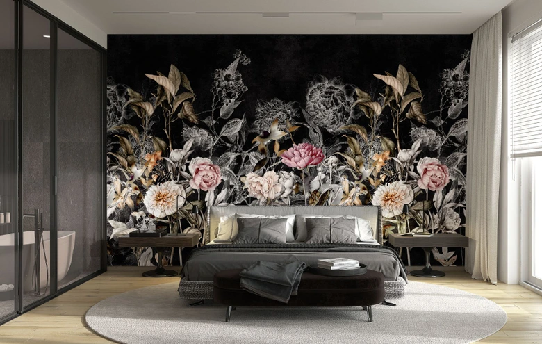 Fotobehang Donker Botanische vintage bloemen op zwart met rosé accenten 3,4 x 3,18 m 