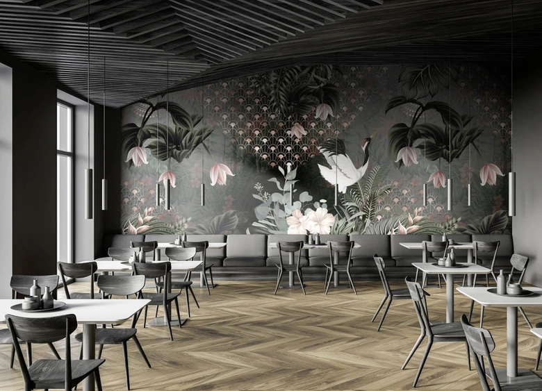 Fototapete Bildtapete Art-déco Kranich im Dschungel mit Blüten und Fächermuster 3,4 x 2,65 m 