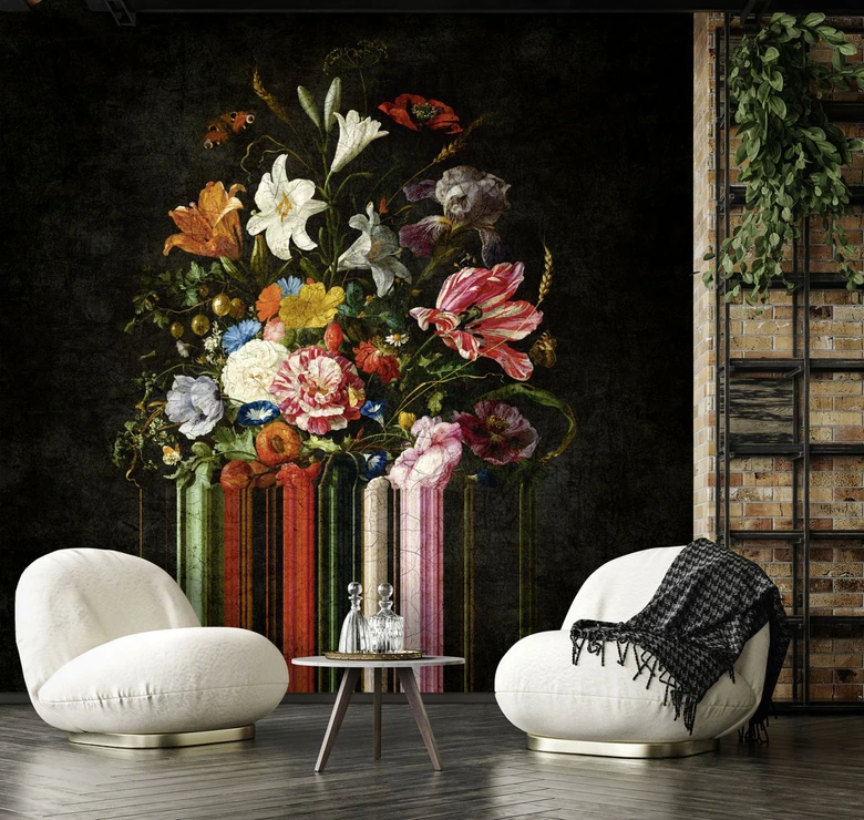 Fotomural Barroco bodegón ramo de flores sobre fondo oscuro 3,4 x 3,18 m 