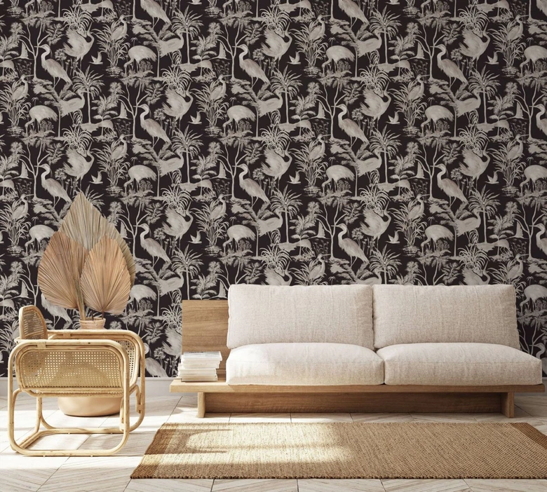 Vliestapete mit Schwänen und Pflanzen schwarz, grau Floral 