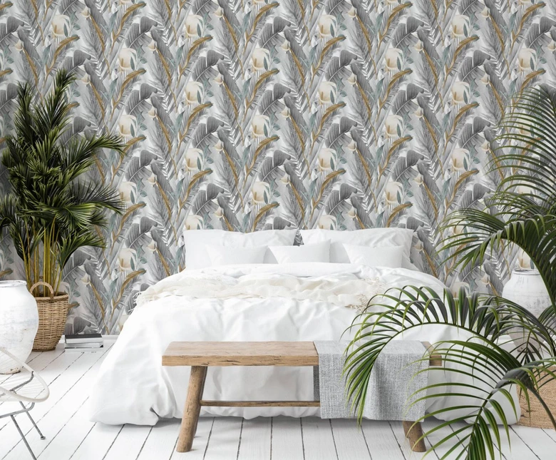 Vliestapete in Blattmotiv mit versteckten Tieren grau, braun Floral 
