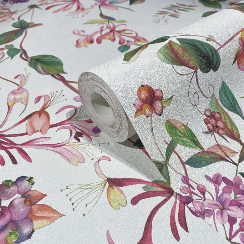 Vliestapete mit abstraktem Blumenmotiv weiß, rosa Floral 