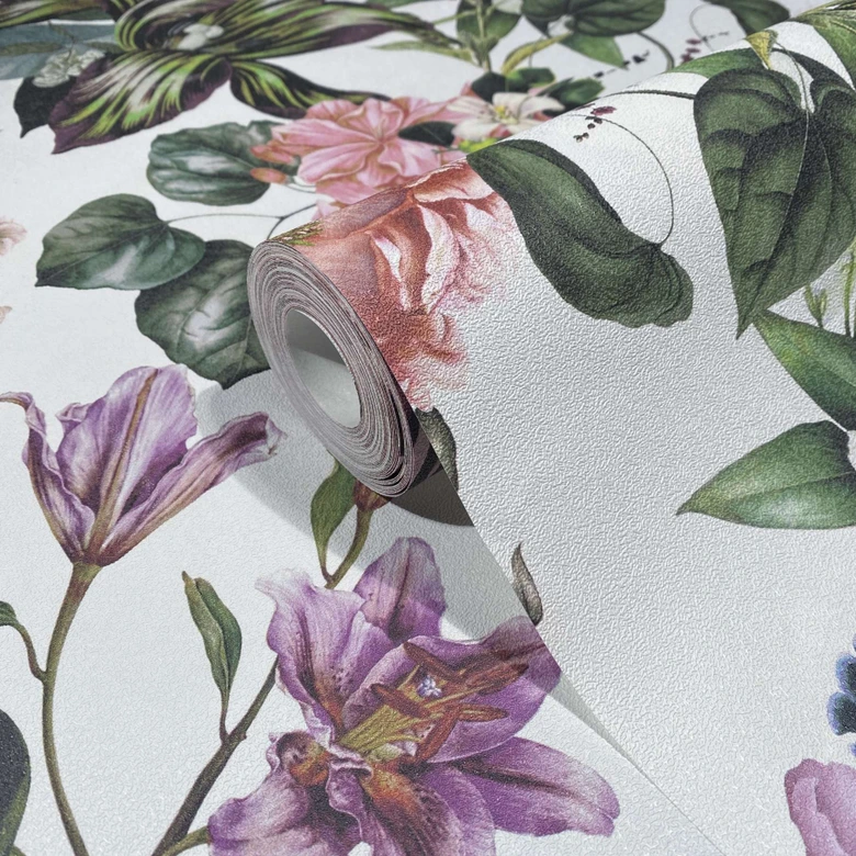 Vliestapete mit Blumenmotiv und Blättern weiß, rosa Floral 