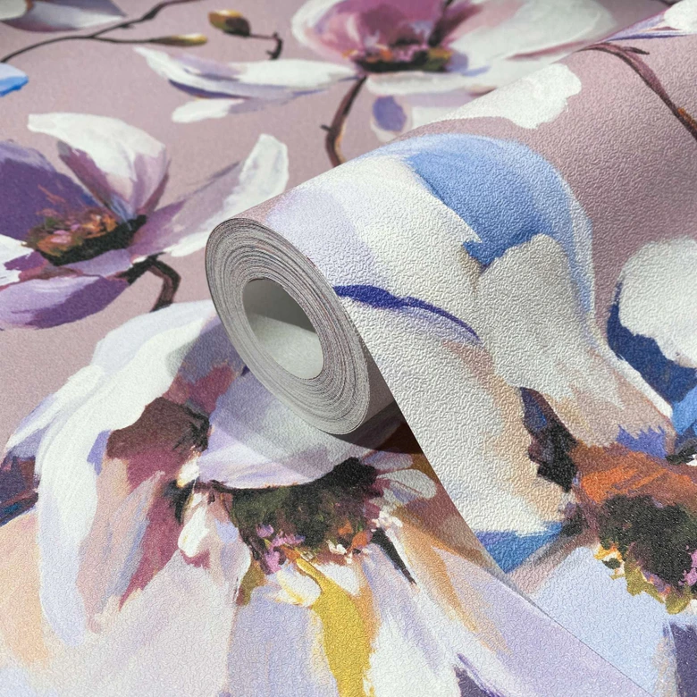 Vliestapete mit Blättern in gemaltem Stil rosa, weiß Floral 