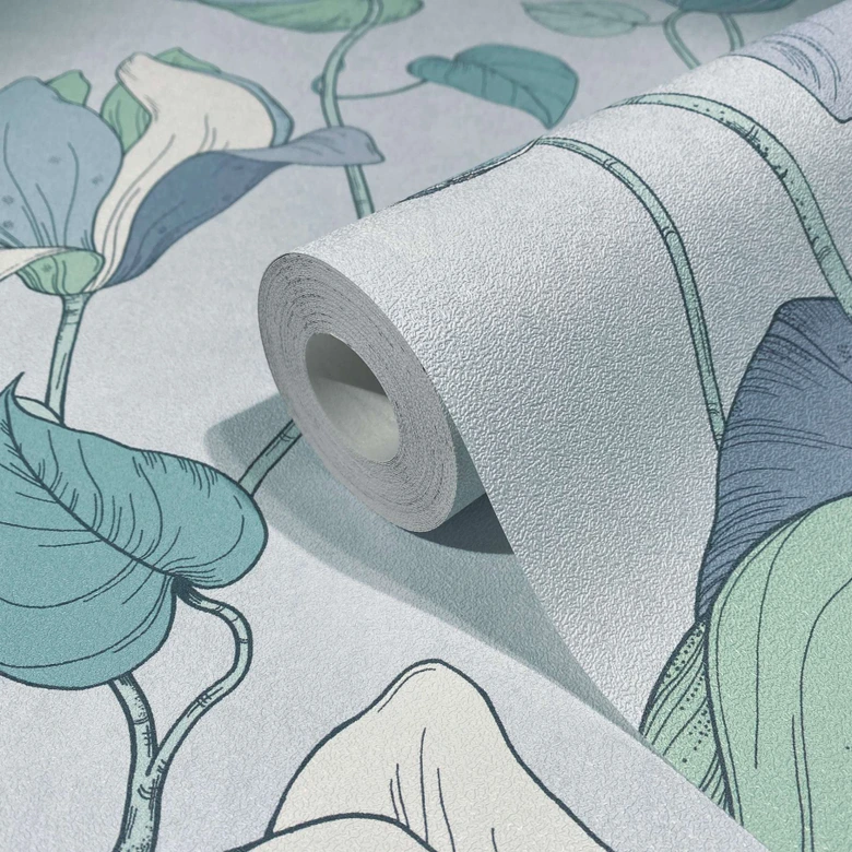 Vliestapete mit Comic-Blumen Look blau, grün Floral 