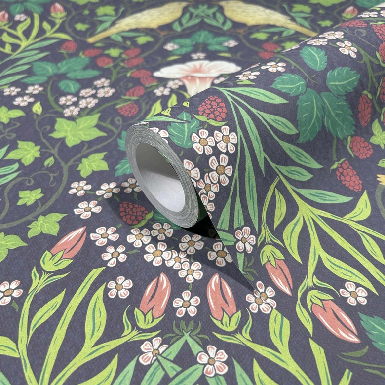 Icke-vävd tapet fåglar, blommor blommig natur i svart 