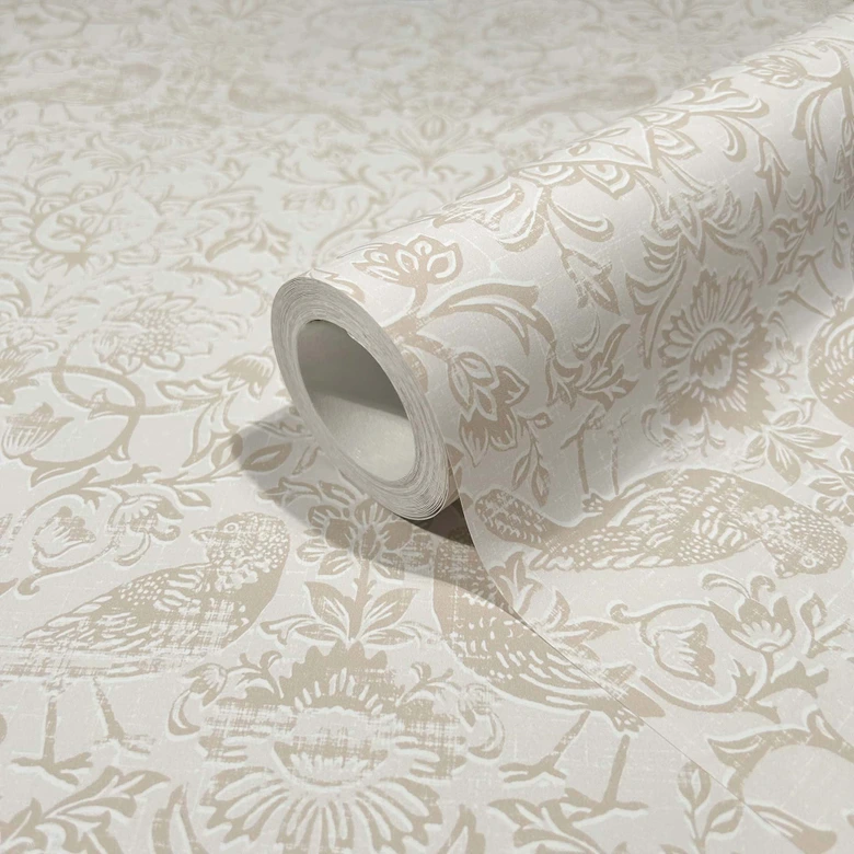 Non-woven wallpaper birds, flowers floral nature in gray 