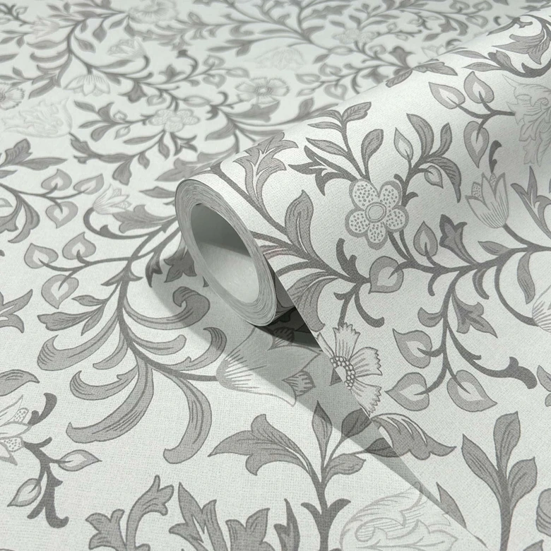 Vliestapete Blumen, Blattmotiv Floral Natur in Grau 
