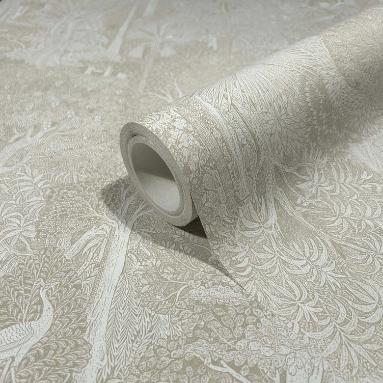 Papel pintado no tejido bosque, árboles naturaleza floral en beige 