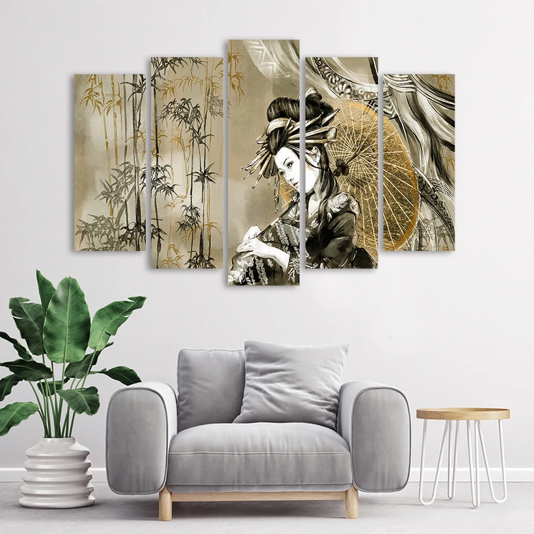 Leinwandbild 5 teilig, Geisha und Bambus 