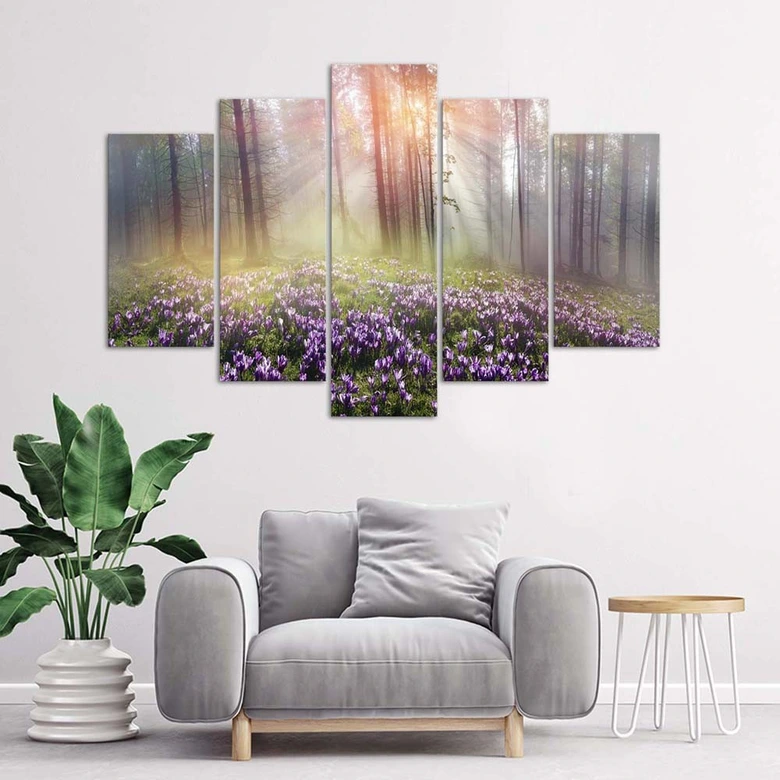 Leinwandbild 5 teilig, Neblige Waldblumen 