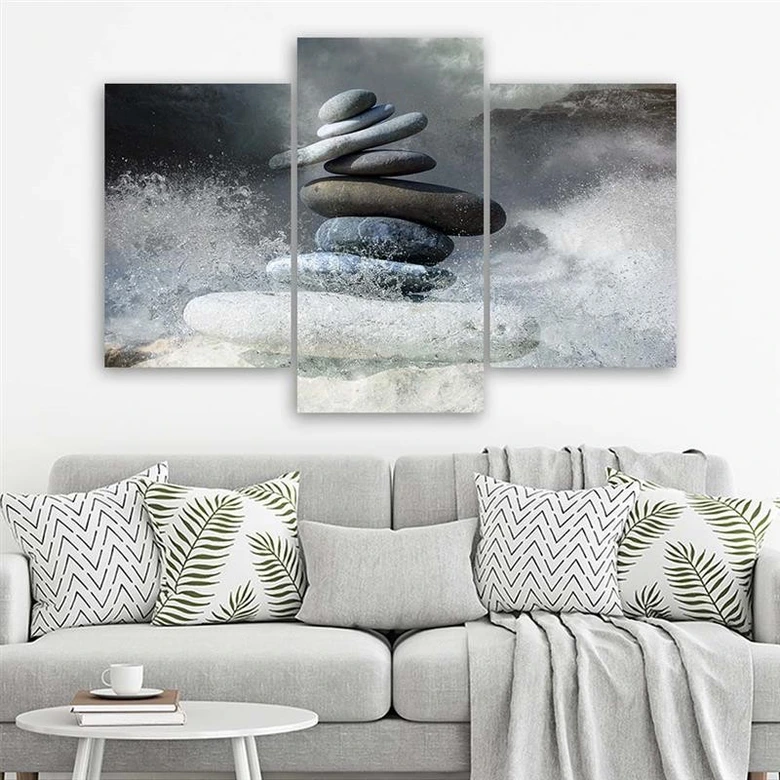 Leinwandbild 3-teilig, Steine Zen Meer Wellen 