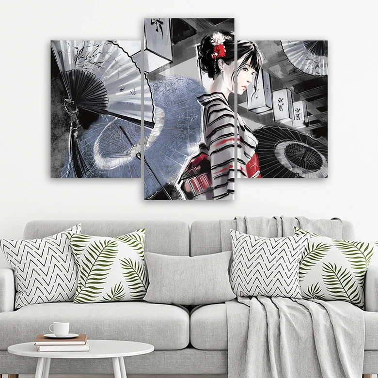 Leinwandbild 3 teilig, Geisha mit einem Fan 