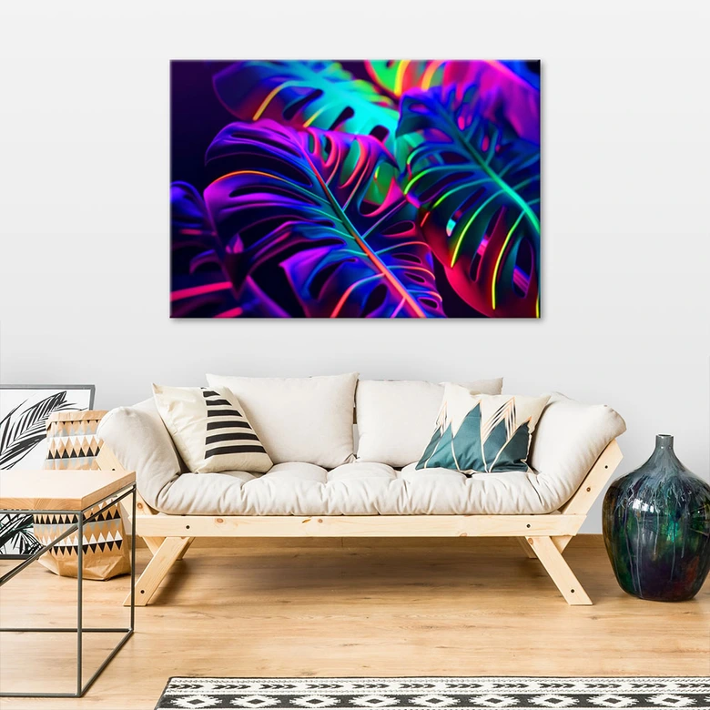 Leinwandbild, Monstera-Blätter in Neonfarben 