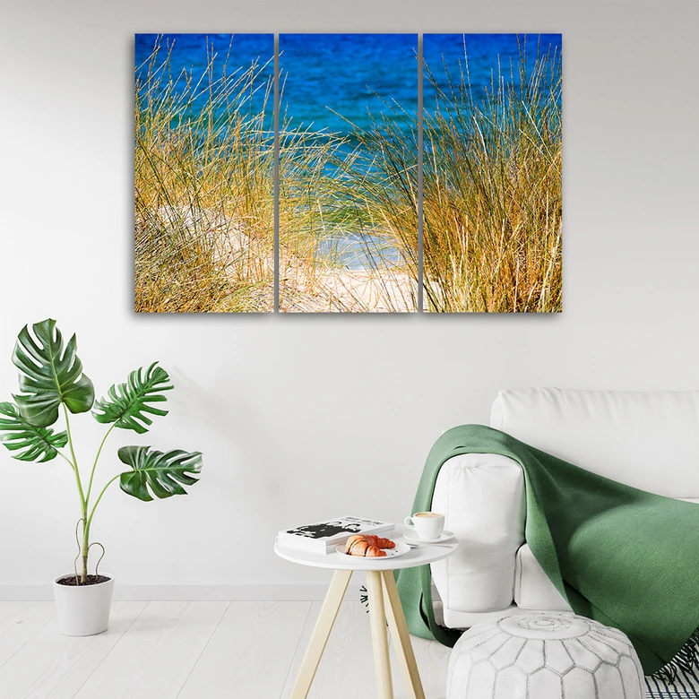 Leinwandbild 3-teilig, Gras Meer Strand 
