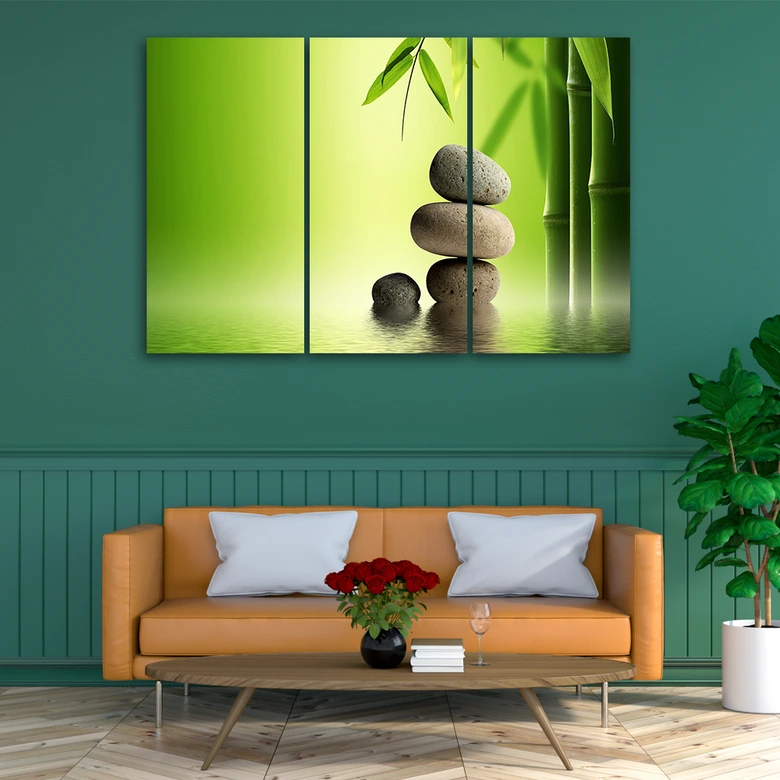 Leinwandbild 3-teilig, GREEN Stones Bamboo Zen 