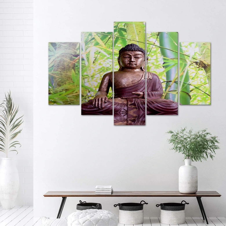 Leinwandbild 5 teilig, Buddha Meditation Grün 