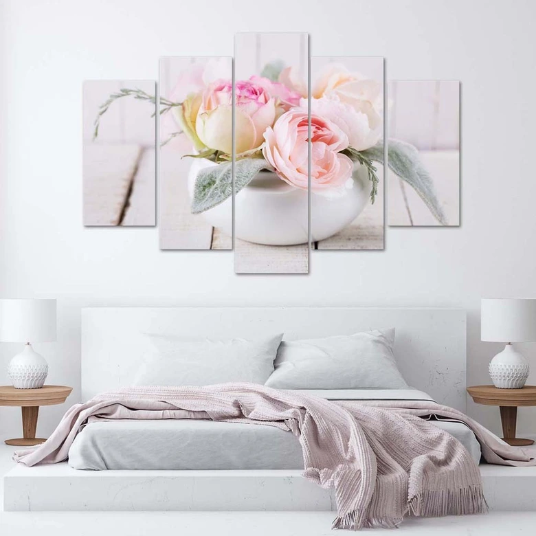Leinwandbild 5 teilig, Rosen Vase Natur Blumen 
