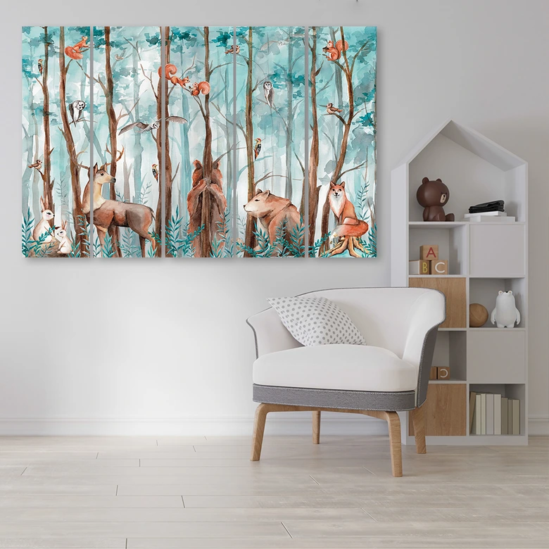 Leinwandbild 5 teilig, Waldtiere Hirschbär Fuchs 