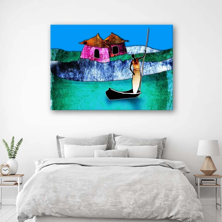 Canvas schilderij, Afrikaanse vrouw in een boot 
