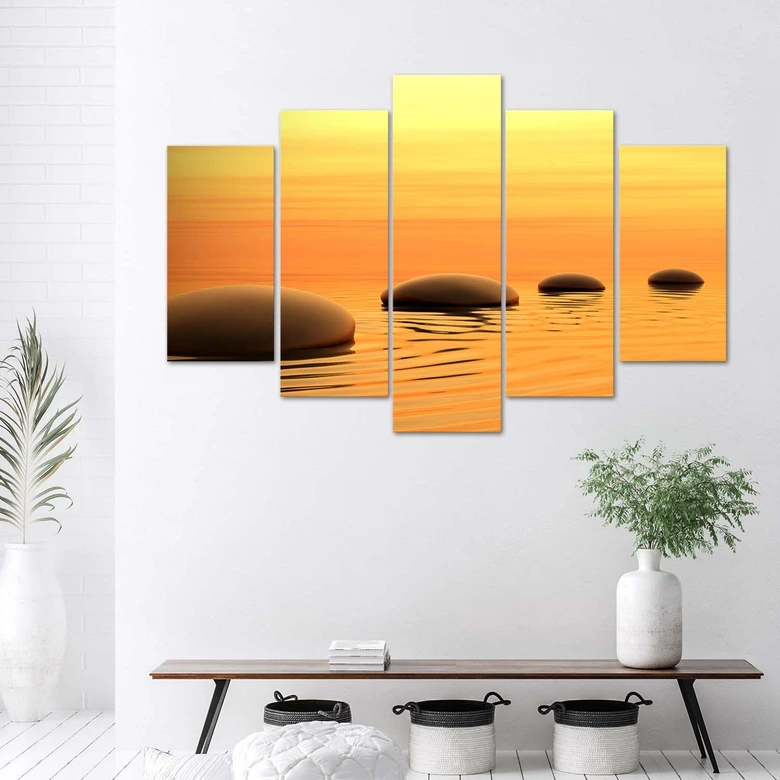 Leinwandbild 5 teilig, Zen Spa Steine Wasser Gelb 