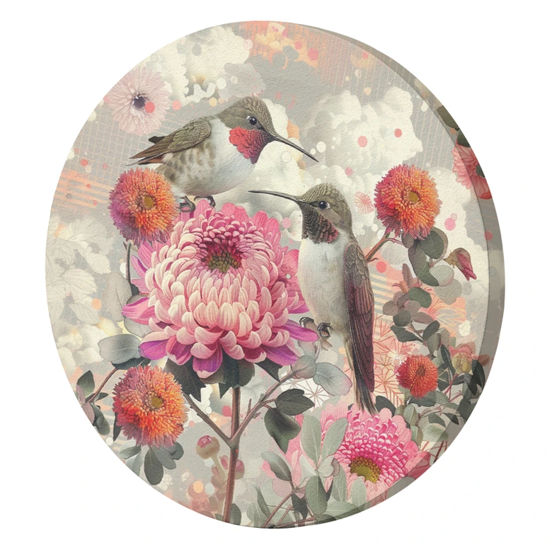 Rundes Leinwandbild Kolibris und Blumen 