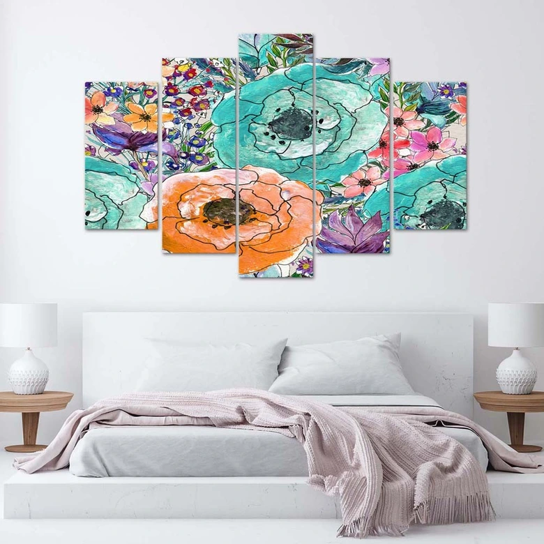 Leinwandbild 5 teilig, Bunte Blumen Abstrakt 
