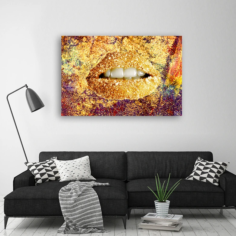 Leinwandbild, Abstrakte goldene Lippen 
