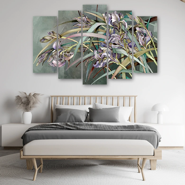Leinwandbild 5 teilig, Iris Blumen im Wind 