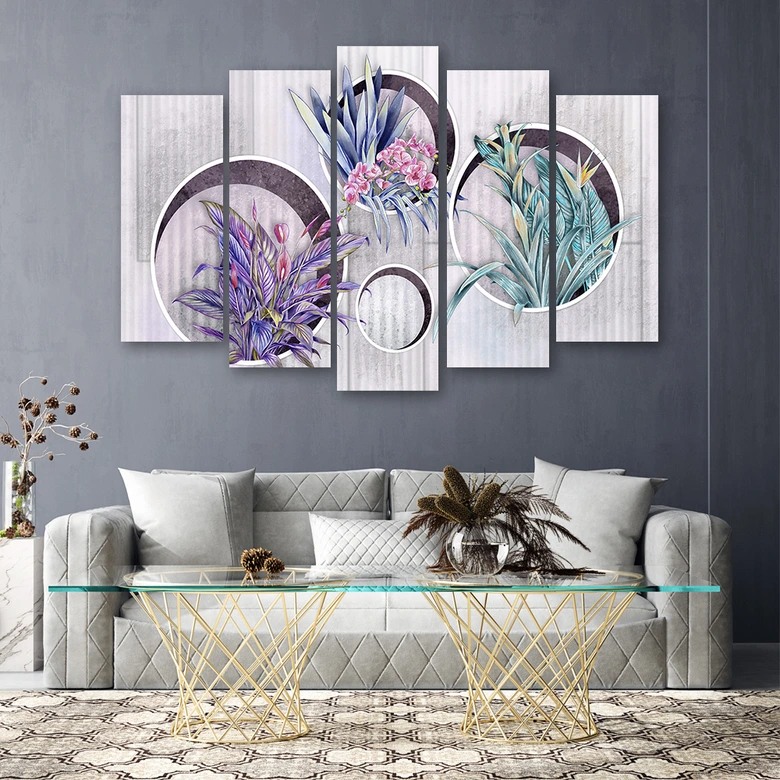 Leinwandbild 5 teilig, Quadratkisten Regale mit Blumen 
