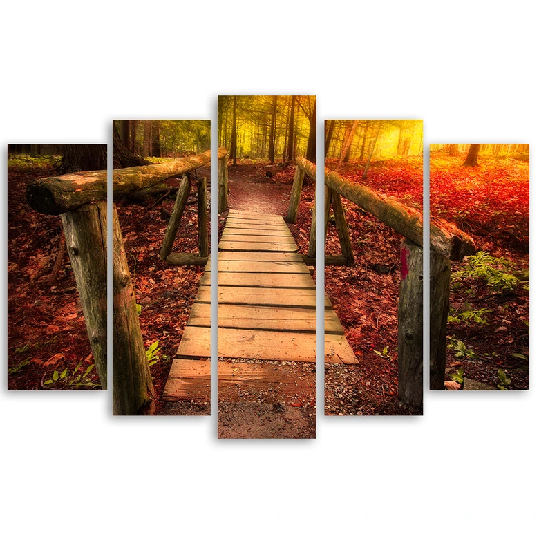 Leinwandbild 5 teilig, Herbst Wald Blätter Brücke 