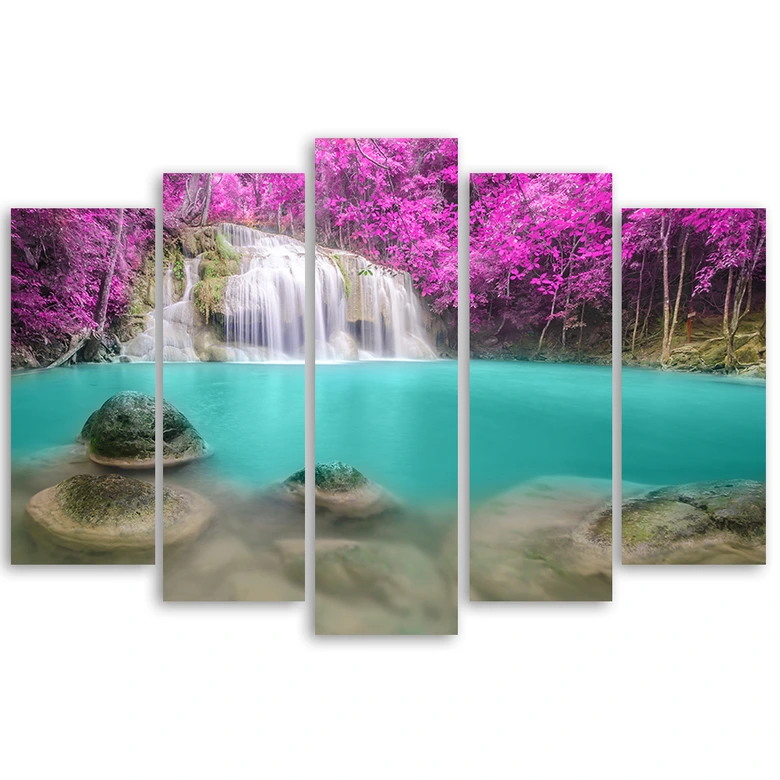 Leinwandbild 5 teilig, Wasserfall-See-Landschaft 