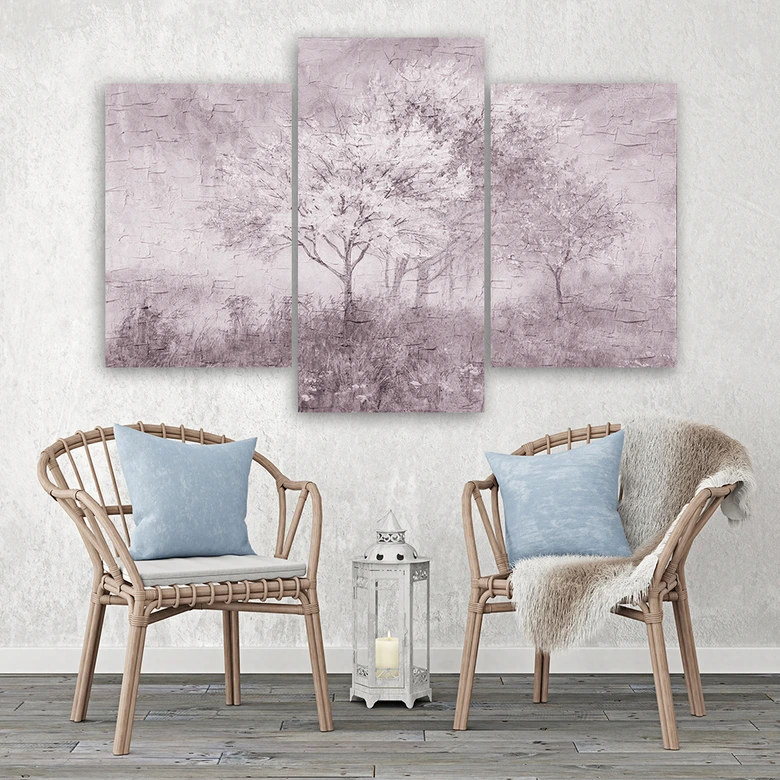 Leinwandbild 3 teilig, Ein blühender Baum in der Wiese Old Schwarz und Weiß 