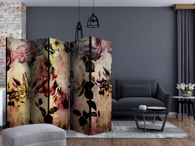 Paravent, Raumteiler freistehend, Trennwand - Nostalgia Flowers II, 5-teilig - einseitig bedruckt - 225x172 cm 