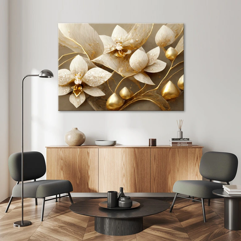 Canvas schilderij, 3D bloemen glamour goud 