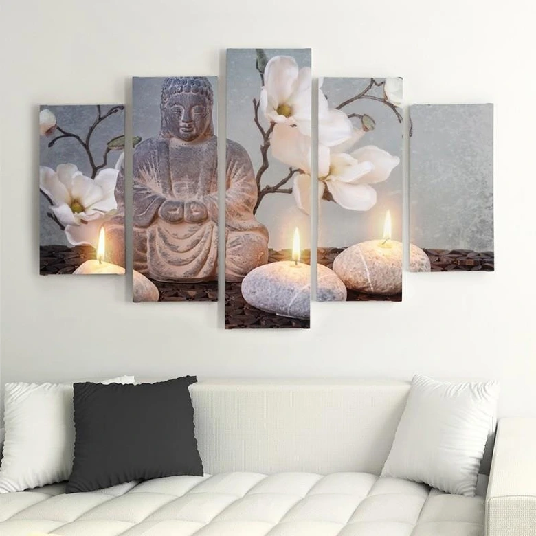 Leinwandbild 5 teilig, Buddha Zen-Steine Blumen 