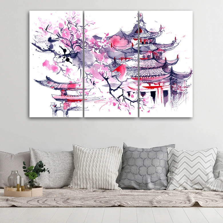 Leinwandbild 3-teilig, Pagode Kirschbaum Japan Gemalt 