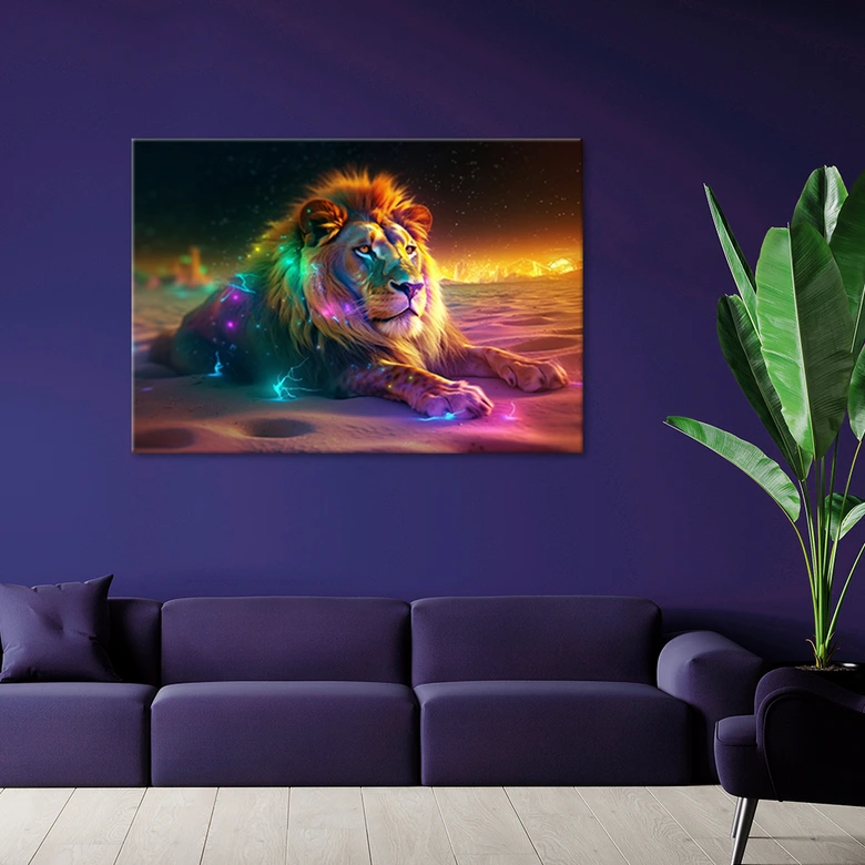 Leinwandbild, Tier AI Löwe Abstraktion Neon 