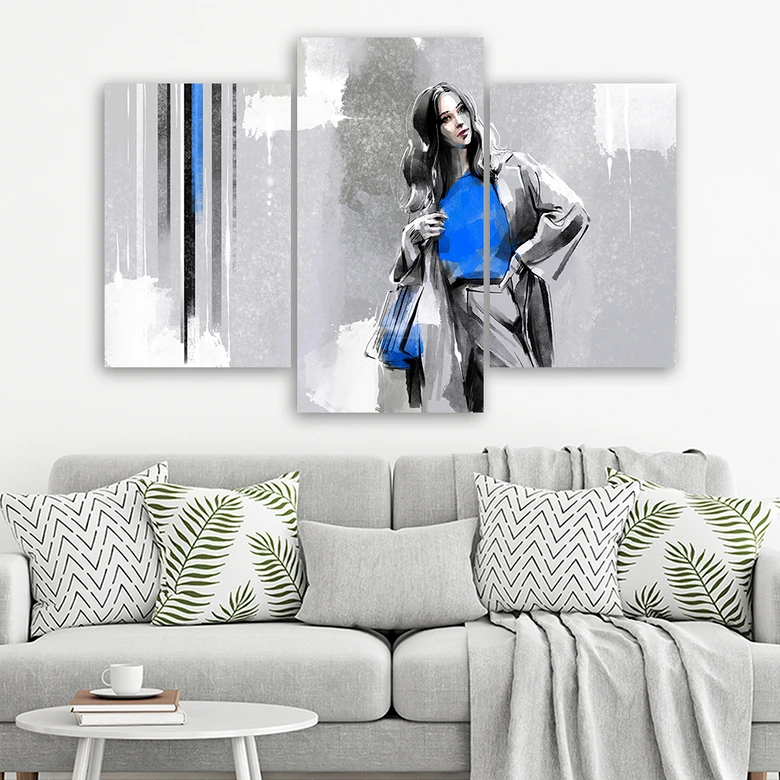 3-delige canvas print, Een vrouw in een jas 