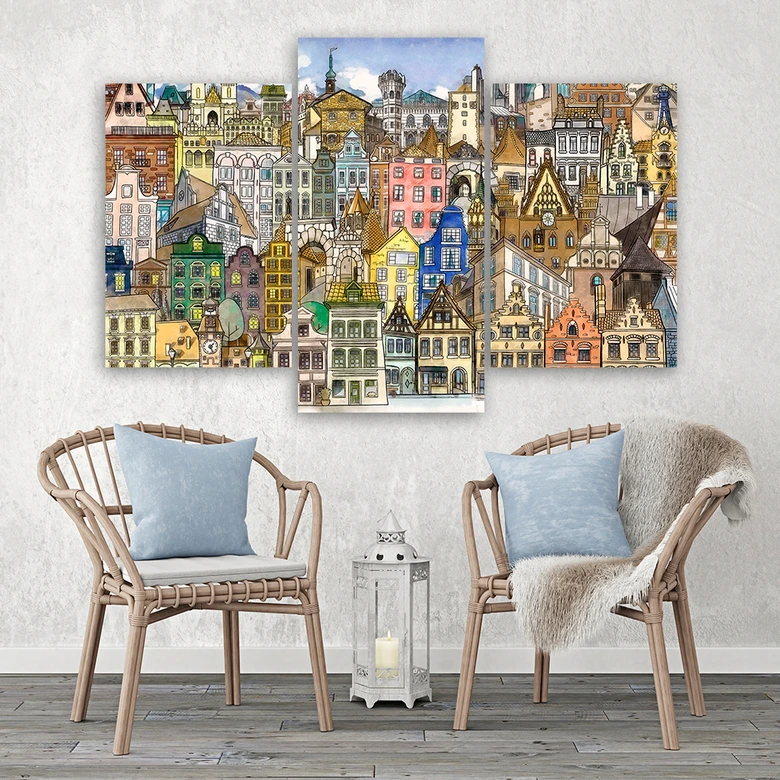 Leinwandbild 3 teilig, Fröhliche Stadt 