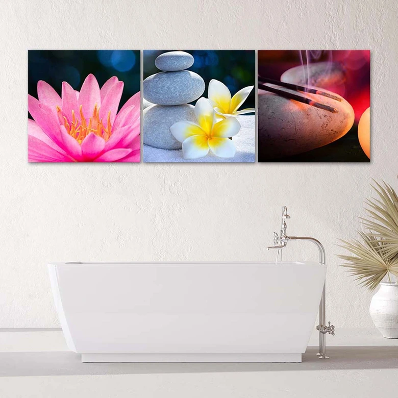 Leinwandbild 3-teilig, Blume Zen Stein 