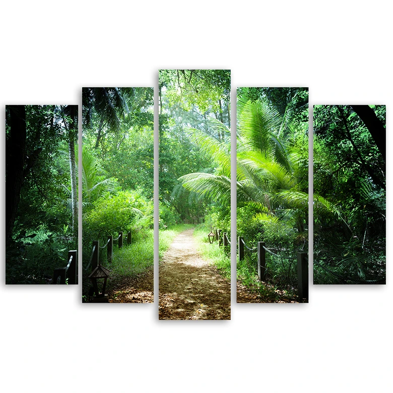 Leinwandbild 5 teilig, Grüner Waldweg 