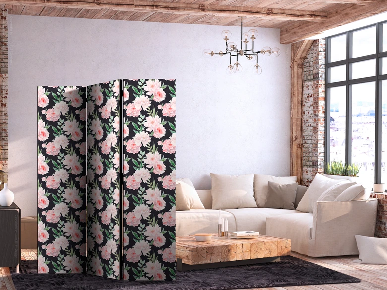 Paravent, Raumteiler freistehend, Trennwand - Peonies - Pink Floral Graphite 