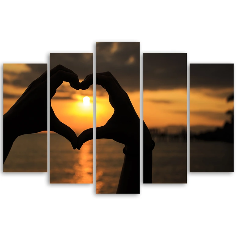 Wandbild 5-teilig, Hände zu einem Herz geformt Sonnenuntergäng 