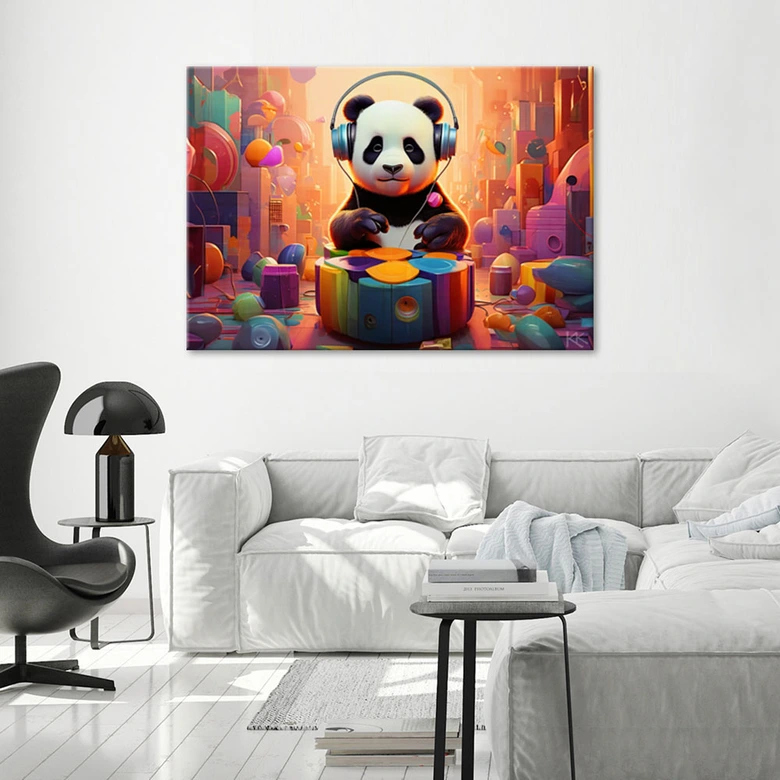 Leinwandbild, Panda mit Kopfhörern 