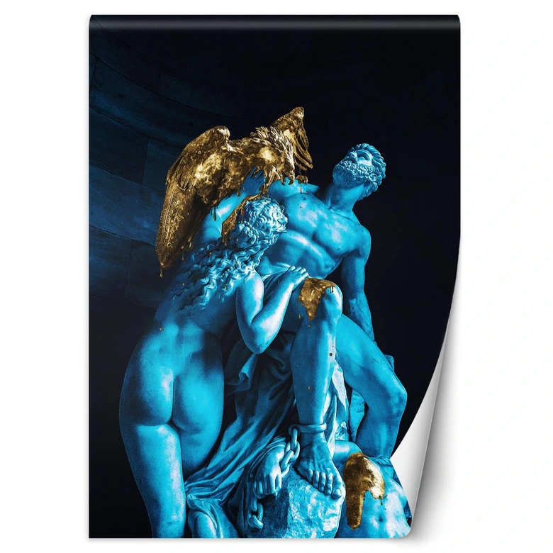 Fototapete, Blaue Figuren und ein goldener Vogel 