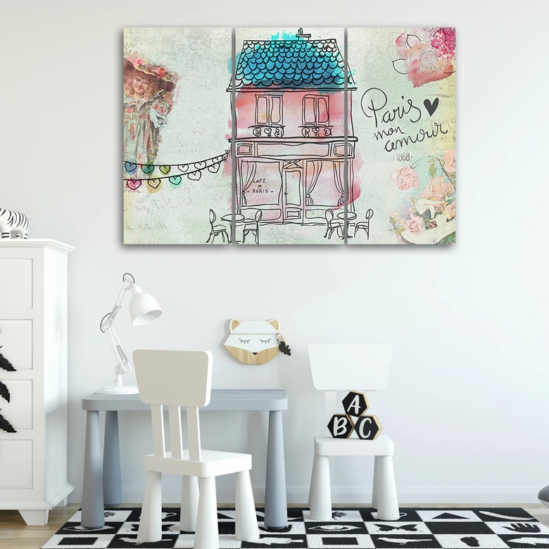 Leinwandbild 3-teilig, Bunte Haus Stadt Kinder 