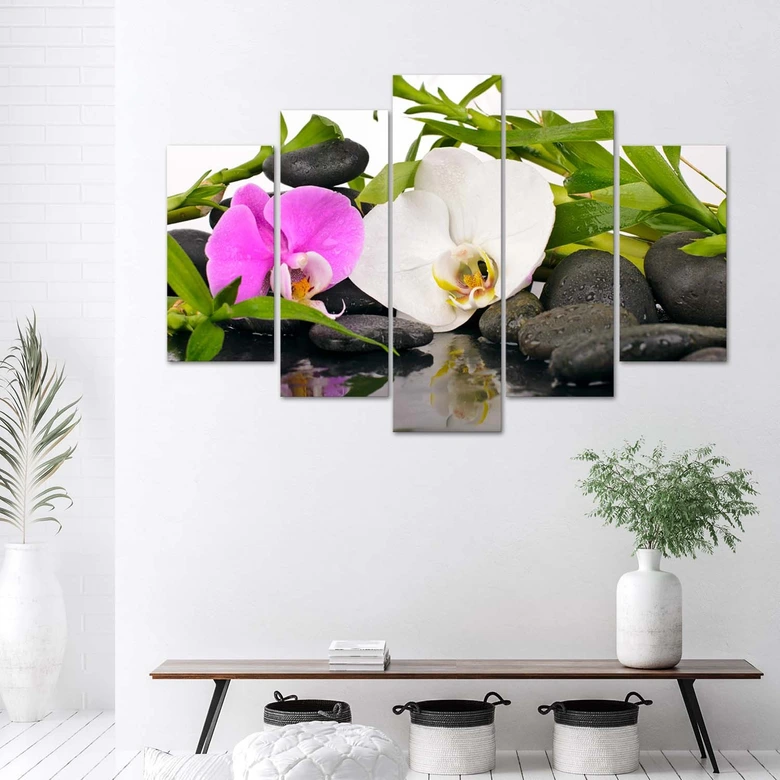 Leinwandbild 5 teilig, Orchideen-Bambus-Steine 